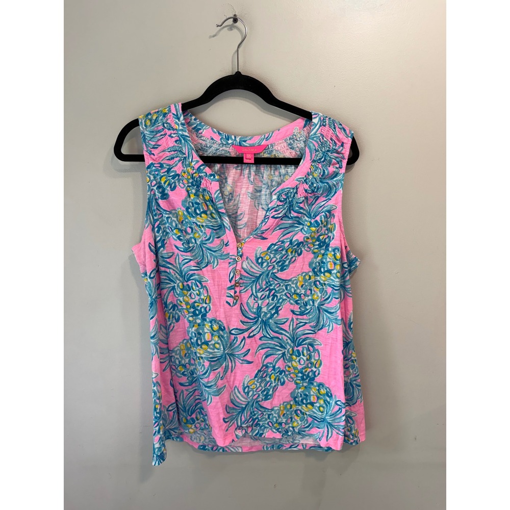 Lilly Pulitzer Pink Blue Pineapple Print Cotton Tank Top XXL Sleeveless Button